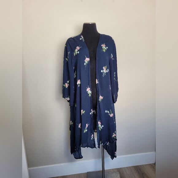 Hopely Navy Floral Kimono Duster Shrug Lightweight Bohemian Indie Gypsy Medium - Picture 9 of 12
